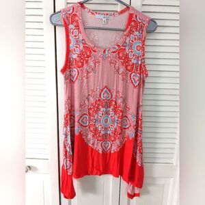 Fever Top sz M Sleeveless Coral Aqua Medallion Knit Sharkbite Hem Tunic Vacation